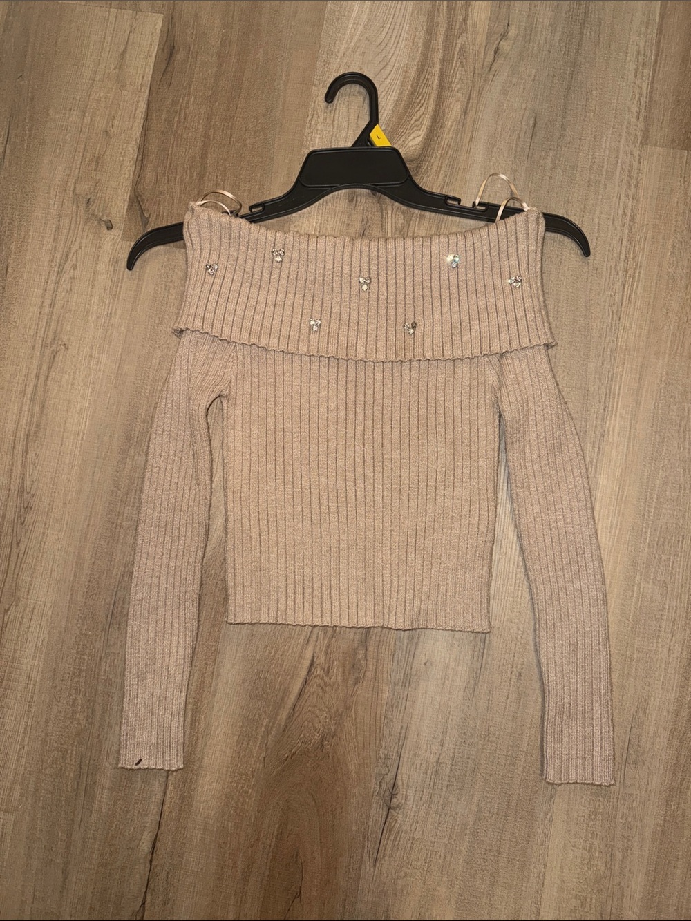 Sweet Rain Blush Ribbed Off-Shoulder Sweater with Rhinestones
